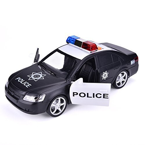 Police Car Toy Friction Powered With Light and Sound, 4 Wheels, 2 Car Doors, 1:20 Simulation Vehicle, Black