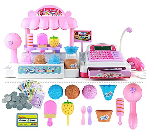 Ice Cream Store Cash Register with Pretend Play Desserts, Working Scanner, Calculator, Microphone, Money and Credit Card