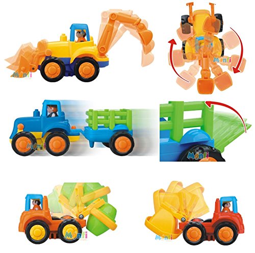 Set of 4 Cartoon Friction Powered Push & Play Vehicles for Toddlers - Dump Truck, Cement Mixer, Bulldozer, Tractor