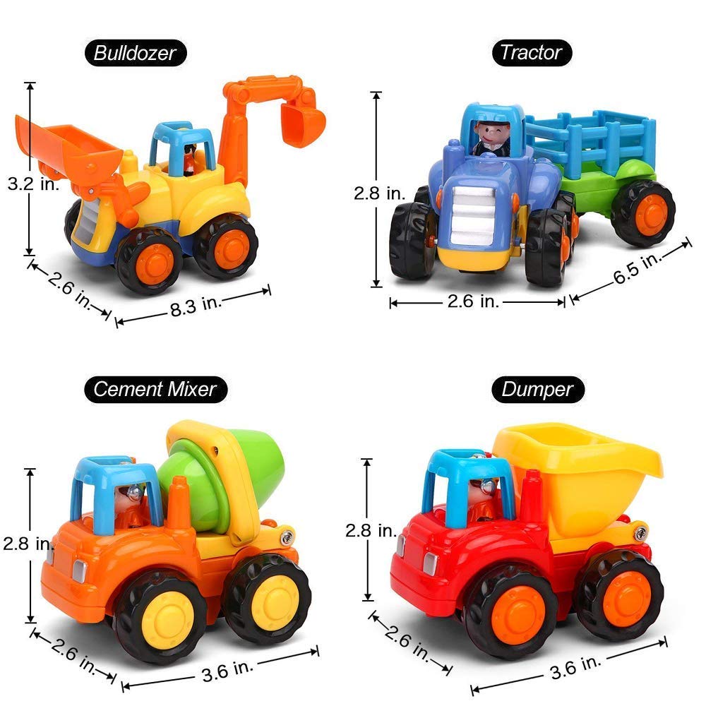 Set of 4 Cartoon Friction Powered Push & Play Vehicles for Toddlers - Dump Truck, Cement Mixer, Bulldozer, Tractor