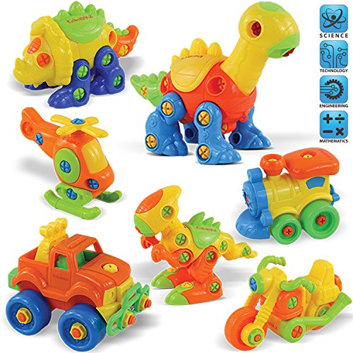 Kidwerkz Set of 7 Take Apart Toys - Dinosaurs, Helicopter, Train, Truck, Motorcycle - STEM Building