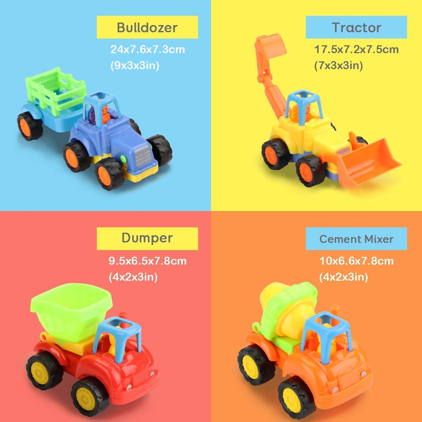 Set of 4 Cartoon Friction Powered Push & Play Vehicles for Toddlers - Dump Truck, Cement Mixer, Bulldozer, Tractor