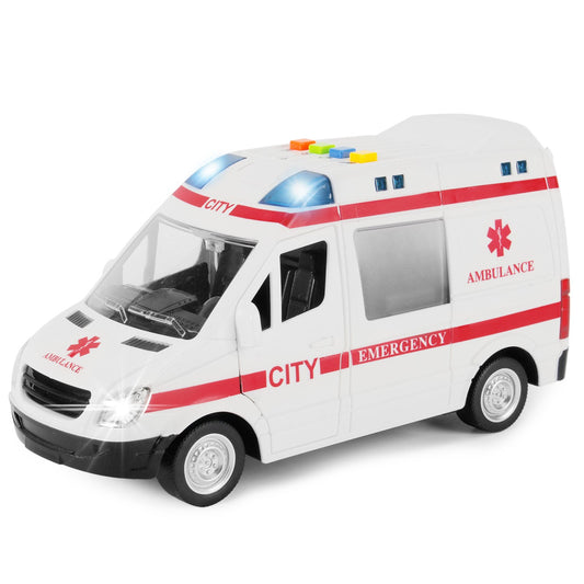 Large Friction Powered Rescue Ambulance 1:16 Toy Emergency Vehicle w/ Lights and Sounds